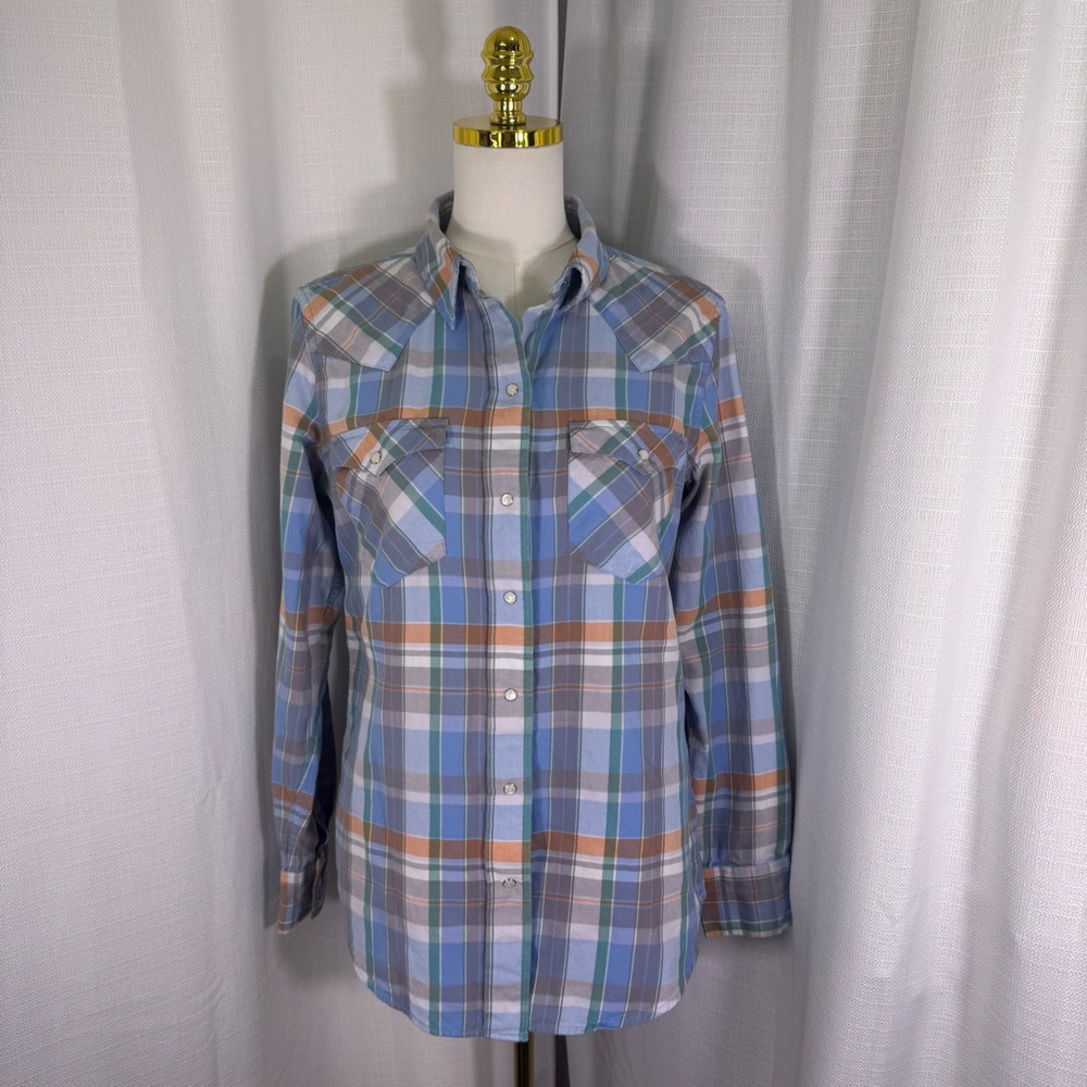 Lauren Ralph Lauren Western Button Down Shirt Womens L Blue Orange Plaid Snap